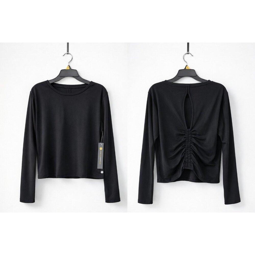 Stretch The Rules Women Black Long Sleeve Ruched Back Athletic Top L‎
